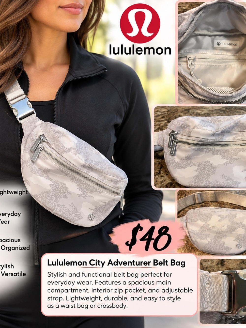 lululemon athletica Light Gray Camouflage Print City Adventurer Belt Bag